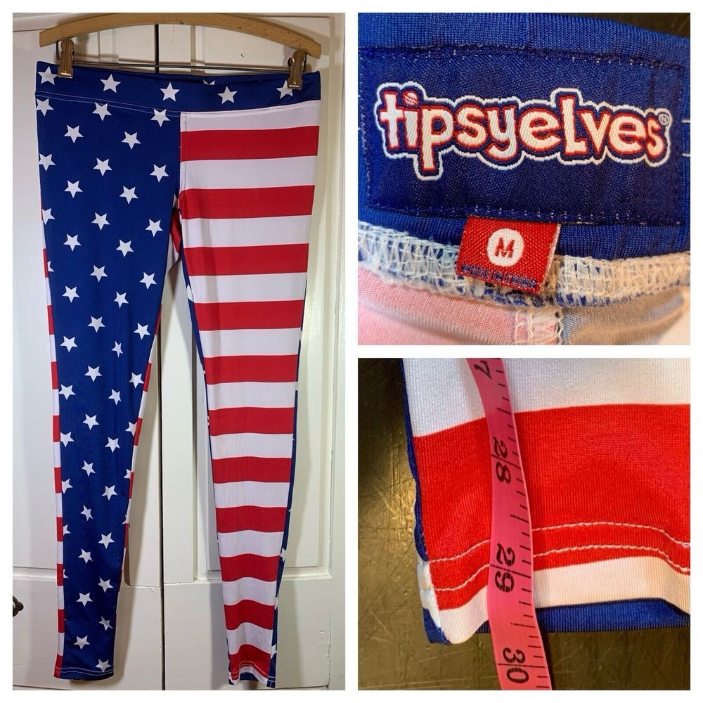 Tipsy‎ Elves Leggings Womens Medium USA Flag Print Stretch Ski Run Patriotic 4th